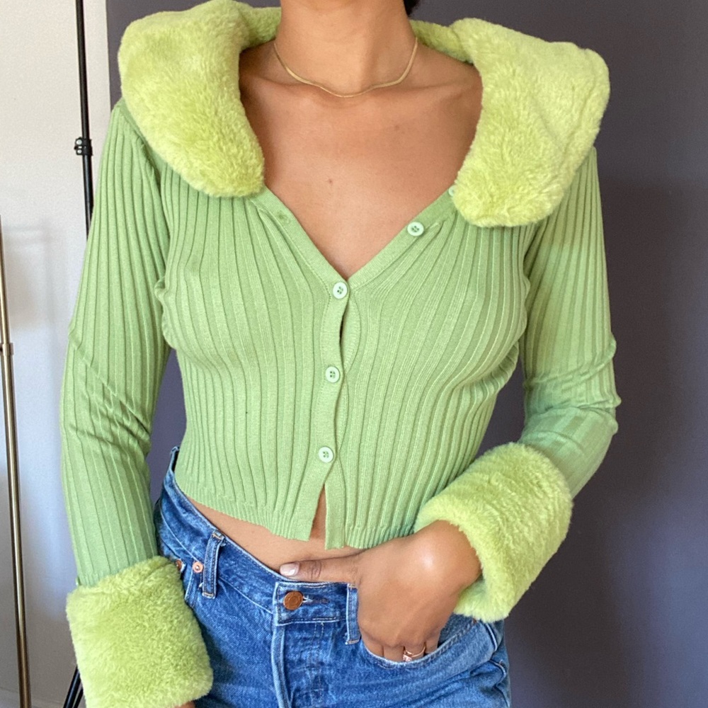 Green faux fur cardigan